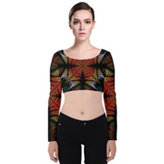 Ornament Decorative Floral Design Velvet Long Sleeve Crop Top by Wegoenart