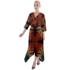 Ornament Decorative Floral Design Quarter Sleeve Wrap Front Maxi Dress