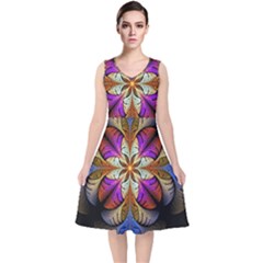 Fractal Flower Fantasy Pattern V-neck Midi Sleeveless Dress  by Wegoenart