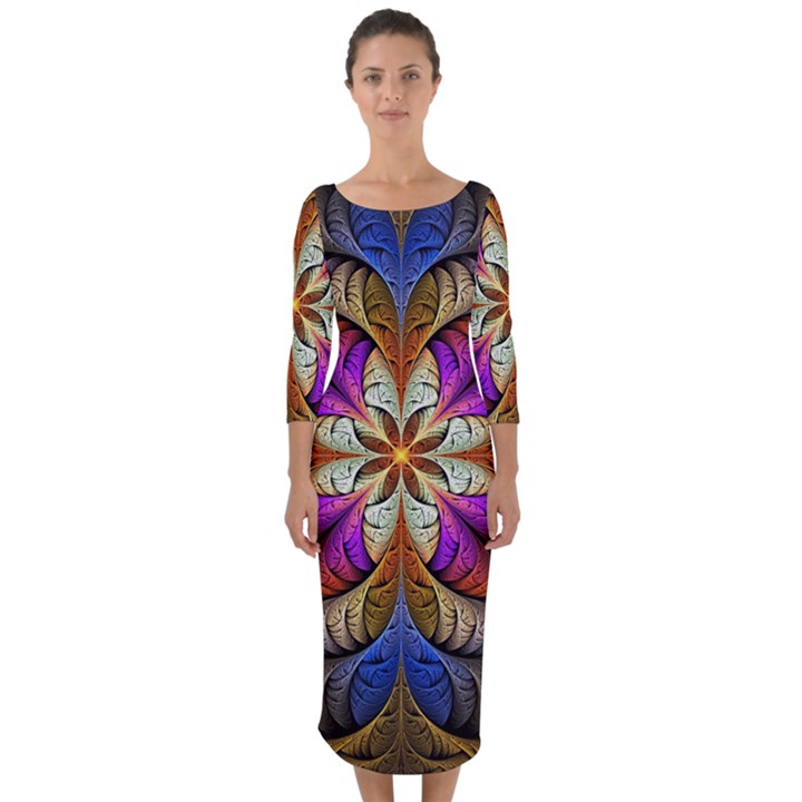 Fractal Flower Fantasy Pattern Quarter Sleeve Midi Bodycon Dress