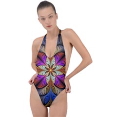 Fractal Flower Fantasy Pattern Backless Halter One Piece Swimsuit