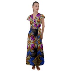 Fractal Flower Fantasy Pattern Flutter Sleeve Maxi Dress