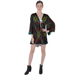 Fractal Art Abstract Pattern V-neck Flare Sleeve Mini Dress