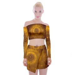 Fractal Flower Floral Gold Pattern Off Shoulder Top With Mini Skirt Set by Wegoenart