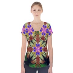 Fractal Abstract Flower Floral Short Sleeve Front Detail Top by Wegoenart