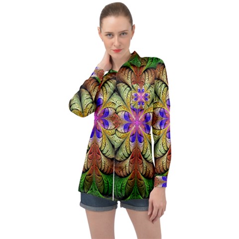 Fractal Abstract Flower Floral Long Sleeve Satin Shirt by Wegoenart