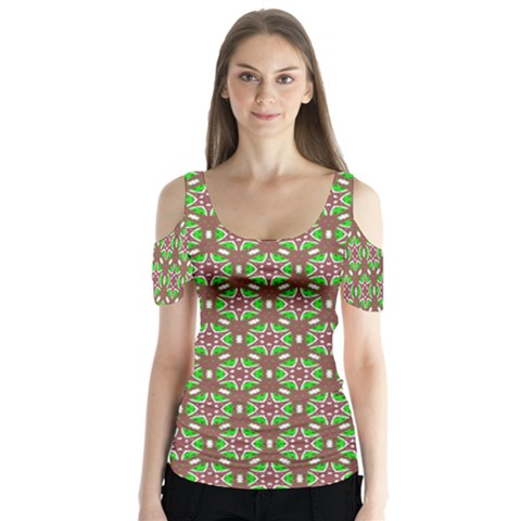 Background Green Ornamental Pattern Butterfly Sleeve Cutout Tee  by Wegoenart