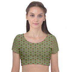 Background Green Ornamental Pattern Velvet Short Sleeve Crop Top  by Wegoenart