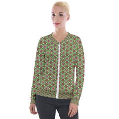 Background Green Ornamental Pattern Velour Zip Up Jacket by Wegoenart