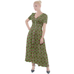 Background Green Ornamental Pattern Button Up Short Sleeve Maxi Dress