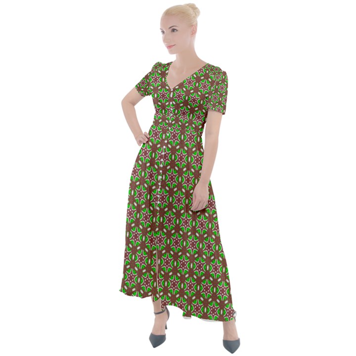 Background Green Ornamental Pattern Button Up Short Sleeve Maxi Dress