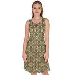 Background Green Ornamental Pattern Knee Length Skater Dress With Pockets by Wegoenart