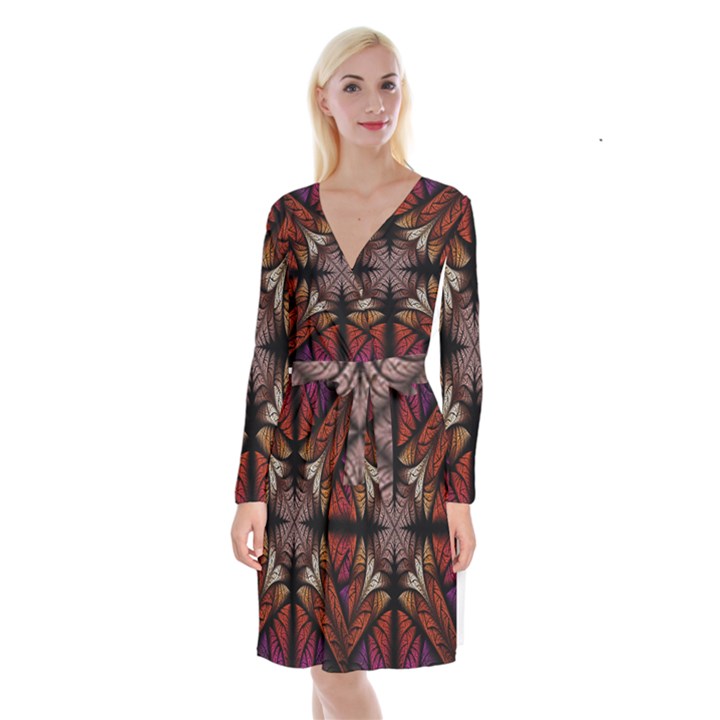 Ornament Decorative Floral Design Long Sleeve Velvet Front Wrap Dress