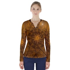 Fractal Flower Floral Gold Pattern V-neck Long Sleeve Top by Wegoenart