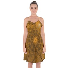 Fractal Flower Floral Gold Pattern Ruffle Detail Chiffon Dress