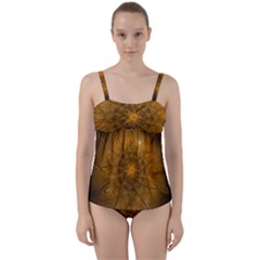 Fractal Flower Floral Gold Pattern Twist Front Tankini Set by Wegoenart