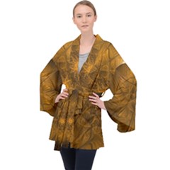 Fractal Flower Floral Gold Pattern Long Sleeve Velvet Kimono  by Wegoenart