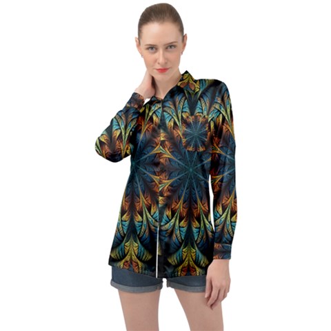 Fractal Flower Fantasy Floral Long Sleeve Satin Shirt by Wegoenart