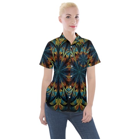 Fractal Flower Fantasy Floral Women s Short Sleeve Pocket Shirt by Wegoenart