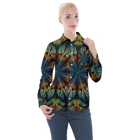 Fractal Flower Fantasy Floral Women s Long Sleeve Pocket Shirt by Wegoenart