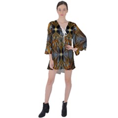 Fractal Art Abstract Pattern V-neck Flare Sleeve Mini Dress