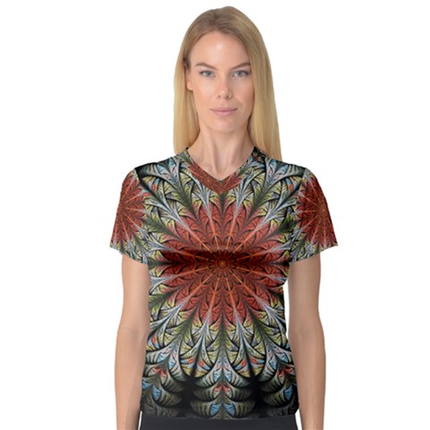 Fractal Floral Fantasy Flower V-neck Sport Mesh Tee by Wegoenart