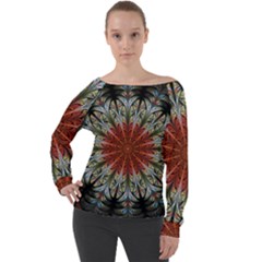 Fractal Floral Fantasy Flower Off Shoulder Long Sleeve Velour Top by Wegoenart