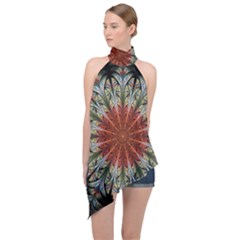 Fractal Floral Fantasy Flower Halter Asymmetric Satin Top by Wegoenart