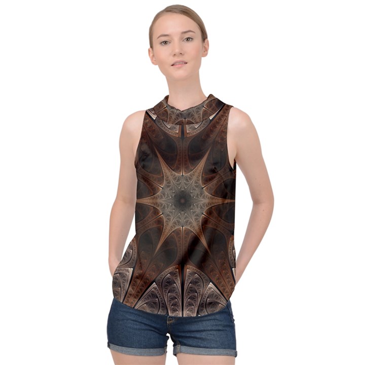 Fractal Abstract Star Pattern High Neck Satin Top