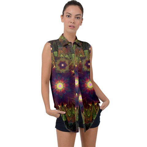 Art Abstract Fractal Pattern Sleeveless Chiffon Button Shirt by Wegoenart