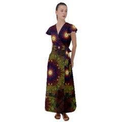 Art Abstract Fractal Pattern Flutter Sleeve Maxi Dress