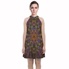 Fractal Abstract Background Pattern Velvet Halter Neckline Dress 