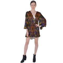 Fractal Abstract Background Pattern V-neck Flare Sleeve Mini Dress