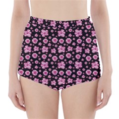 Pink And Black Floral Collage Print High-waisted Bikini Bottoms by dflcprintsclothing