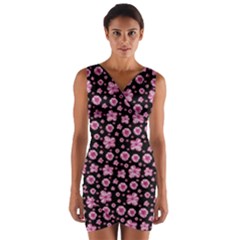 Pink And Black Floral Collage Print Wrap Front Bodycon Dress