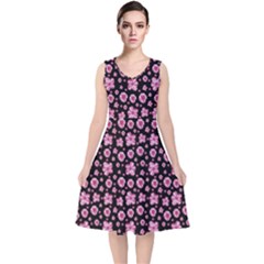 Pink And Black Floral Collage Print V-neck Midi Sleeveless Dress  by dflcprintsclothing