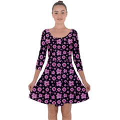 Pink And Black Floral Collage Print Quarter Sleeve Skater Dress