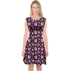 Pink And Black Floral Collage Print Capsleeve Midi Dress by dflcprintsclothing