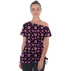 Pink And Black Floral Collage Print Tie-up Tee