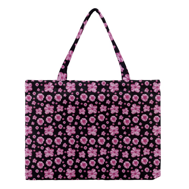 Pink And Black Floral Collage Print Medium Tote Bag