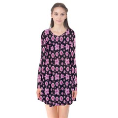 Pink And Black Floral Collage Print Long Sleeve V-neck Flare Dress by dflcprintsclothing