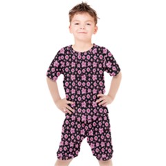 Pink And Black Floral Collage Print Kids  Tee And Shorts Set by dflcprintsclothing