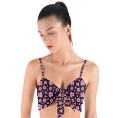 Pink And Black Floral Collage Print Woven Tie Front Bralet