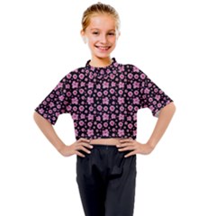 Pink And Black Floral Collage Print Kids Mock Neck Tee