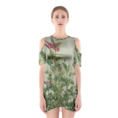 Botanical Vintage Style Motif Artwork 2 Shoulder Cutout One Piece Dress