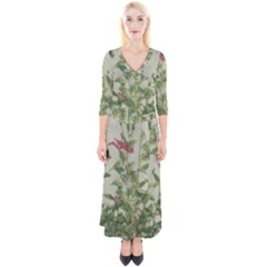 Botanical Vintage Style Motif Artwork 2 Quarter Sleeve Wrap Maxi Dress