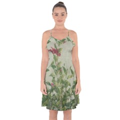 Botanical Vintage Style Motif Artwork 2 Ruffle Detail Chiffon Dress