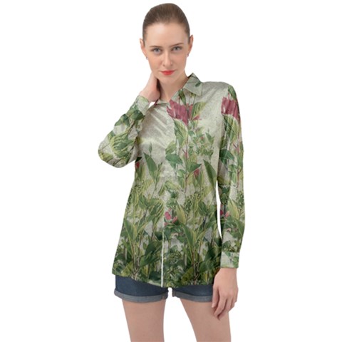 Botanical Vintage Style Motif Artwork 2 Long Sleeve Satin Shirt by dflcprintsclothing