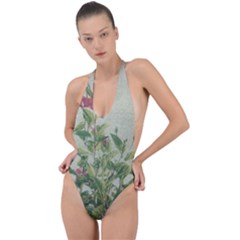 Botanical Vintage Style Motif Artwork 2 Backless Halter One Piece Swimsuit by dflcprintsclothing