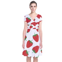 Seamless Pattern Fresh Strawberry Short Sleeve Front Wrap Dress